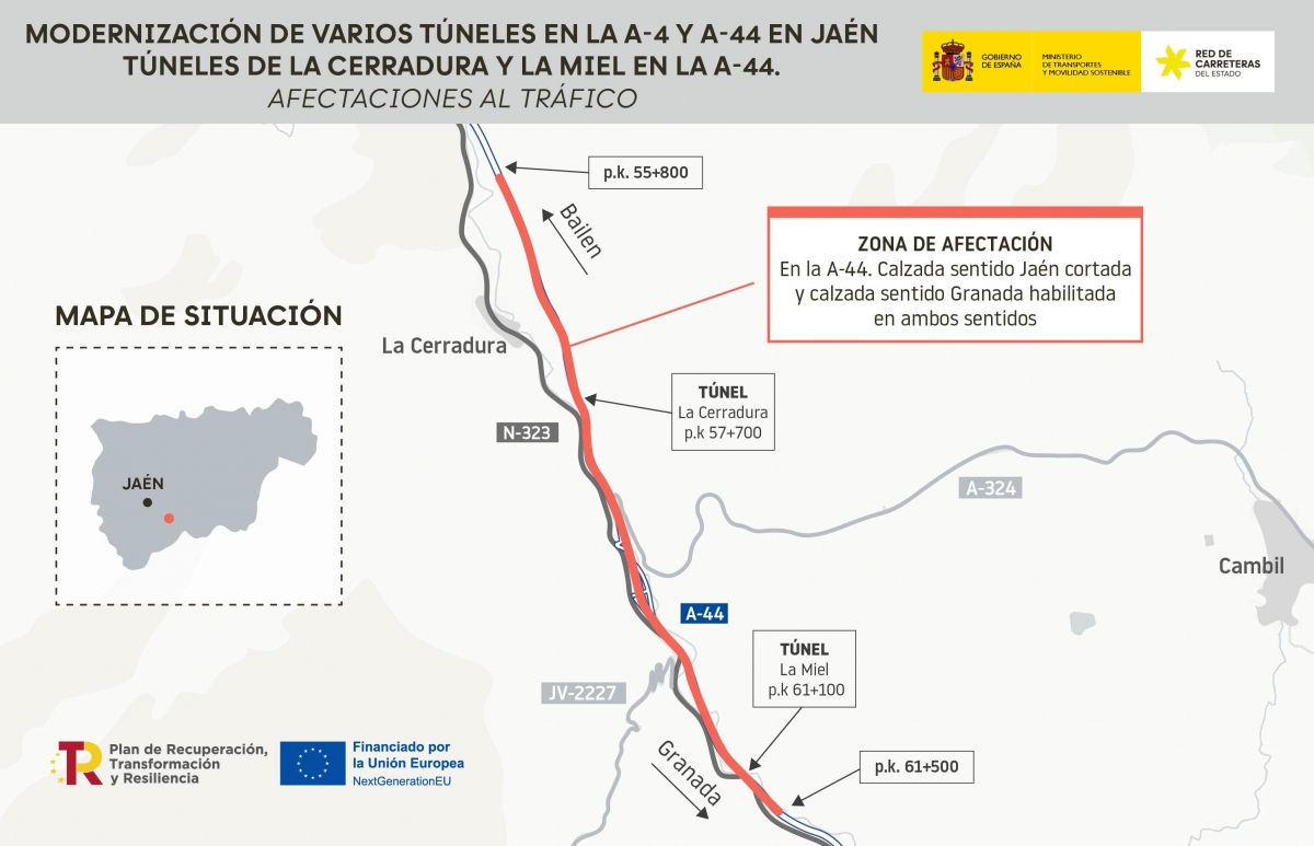  Cortes de tráfico en el túnel de La Cerradura y La Miel por obras 