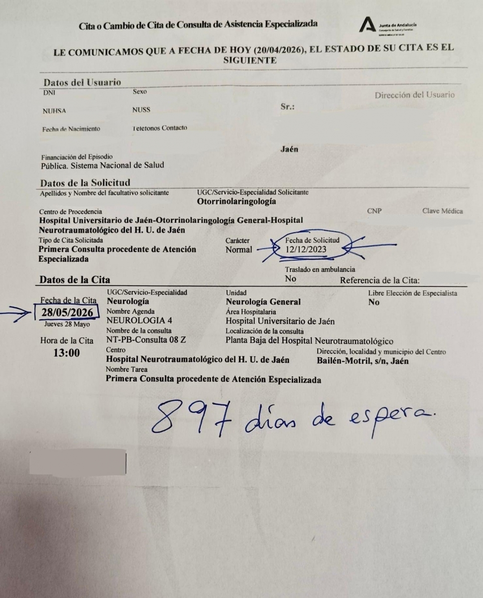  El PSOE denuncia "900 días de espera" en una cita para el Neurólogo 